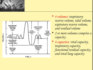 • 4 volumes: inspiratory
reserve volume, tidal volume,
expiratory reserve volume,
and residual volume
• 2 or more volumes comprise a
capacity.
• 4 capacites: vital capacity,
inspiratory capacity,
functional residual capacity,
and total lung capacity
 