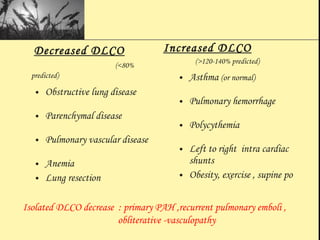 Decreased DLCO
(<80%
predicted)
• Obstructive lung disease
• Parenchymal disease
• Pulmonary vascular disease
• Anemia
• Lung resection
Increased DLCO
(>120-140% predicted)
• Asthma (or normal)
• Pulmonary hemorrhage
• Polycythemia
• Left to right intra cardiac
shunts
• Obesity, exercise , supine po
Isolated DLCO decrease : primary PAH ,recurrent pulmonary emboli ,
obliterative -vasculopathy
 