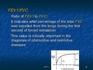 PFT IPFT I 2222
FEV1/FVCFEV1/FVC
Ratio ofRatio of FEV1FEV1 toto FVCFVC ::
It indicates what percentage of the totalIt indicates what percentage of the total FVCFVC
was expelled from the lungs during the firstwas expelled from the lungs during the first
second of forced exhalationsecond of forced exhalation
This value is critically important in theThis value is critically important in the
diagnosis of obstructive and restrictivediagnosis of obstructive and restrictive
diseasesdiseases
 