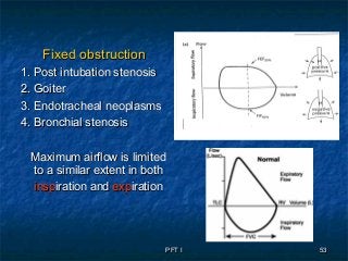 PFT IPFT I 5353
Fixed obstructionFixed obstruction
1. Post intubation stenosis1. Post intubation stenosis
2. Goiter2. Goiter
3. Endotracheal neoplasms3. Endotracheal neoplasms
4. Bronchial stenosis4. Bronchial stenosis
Maximum airflow is limitedMaximum airflow is limited
to a similar extent in bothto a similar extent in both
inspinspiration andiration and expexpirationiration
 