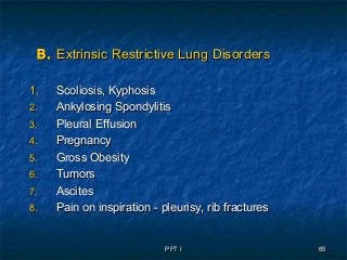 PFT IPFT I 6565
B.B. Extrinsic Restrictive Lung DisordersExtrinsic Restrictive Lung Disorders
1.1. Scoliosis, KyphosisScoliosis, Kyphosis
2.2. Ankylosing SpondylitisAnkylosing Spondylitis
3.3. Pleural EffusionPleural Effusion
4.4. PregnancyPregnancy
5.5. Gross ObesityGross Obesity
6.6. TumorsTumors
7.7. AscitesAscites
8.8. Pain on inspiration - pleurisy, rib fracturesPain on inspiration - pleurisy, rib fractures
 