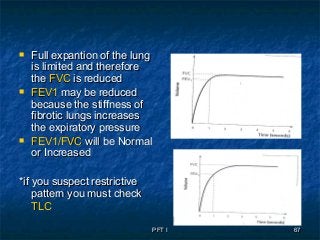 PFT IPFT I 6767
 Full expantion of the lungFull expantion of the lung
is limited and thereforeis limited and therefore
thethe FVCFVC is reducedis reduced
 FEV1FEV1 may be reducedmay be reduced
because the stiffness ofbecause the stiffness of
fibrotic lungs increasesfibrotic lungs increases
the expiratory pressurethe expiratory pressure
 FEV1/FVCFEV1/FVC will be Normalwill be Normal
or Increasedor Increased
*if you suspect restrictive*if you suspect restrictive
pattern you must checkpattern you must check
TLCTLC
 