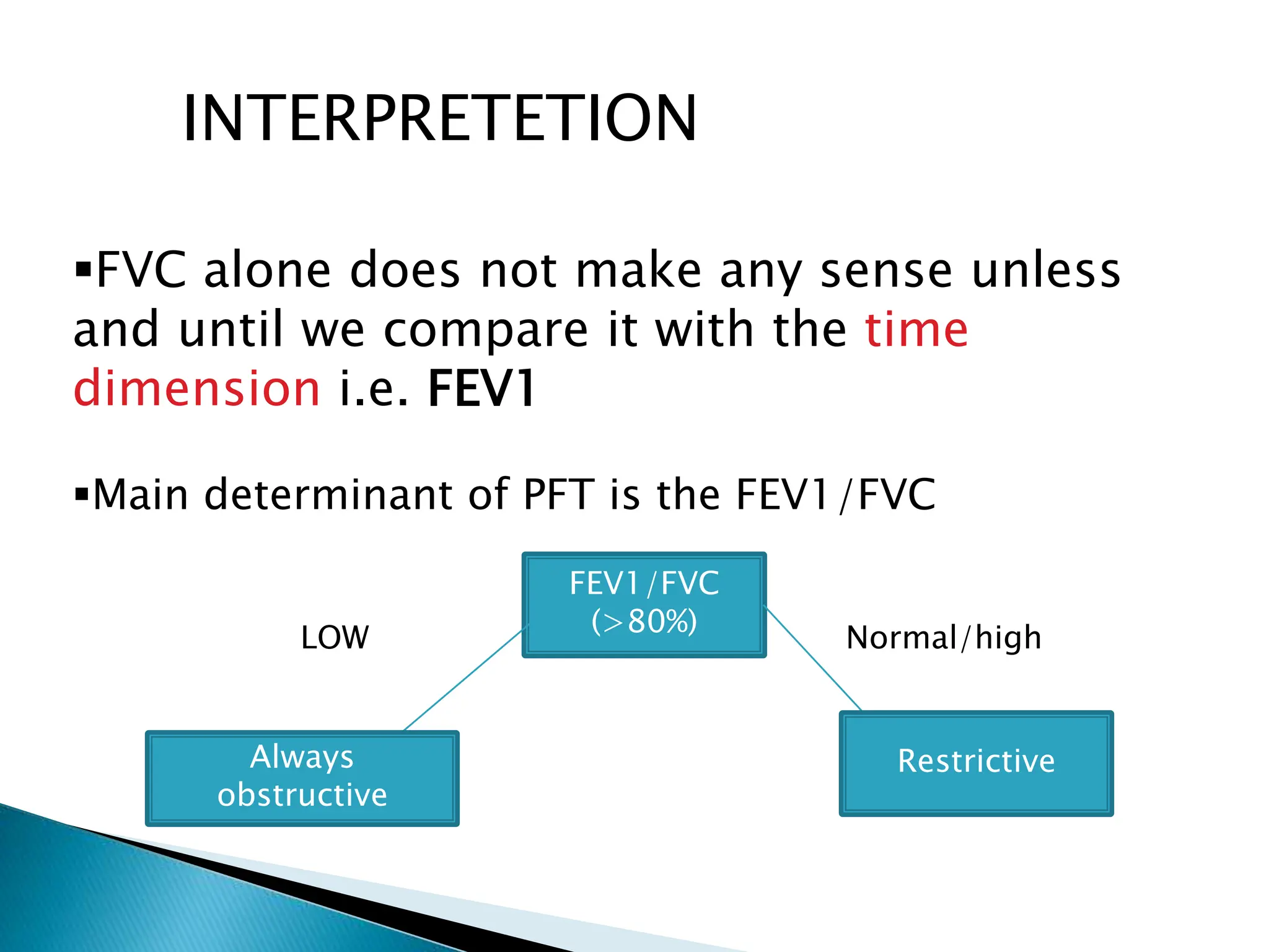 INTERPRETETION
FVC alone does not make any sense unless
and until we compare it with the time
dimension i.e. FEV1
Main determinant of PFT is the FEV1/FVC
FEV1/FVC
(>80%)
LOW Normal/high
Always
obstructive
Restrictive
 