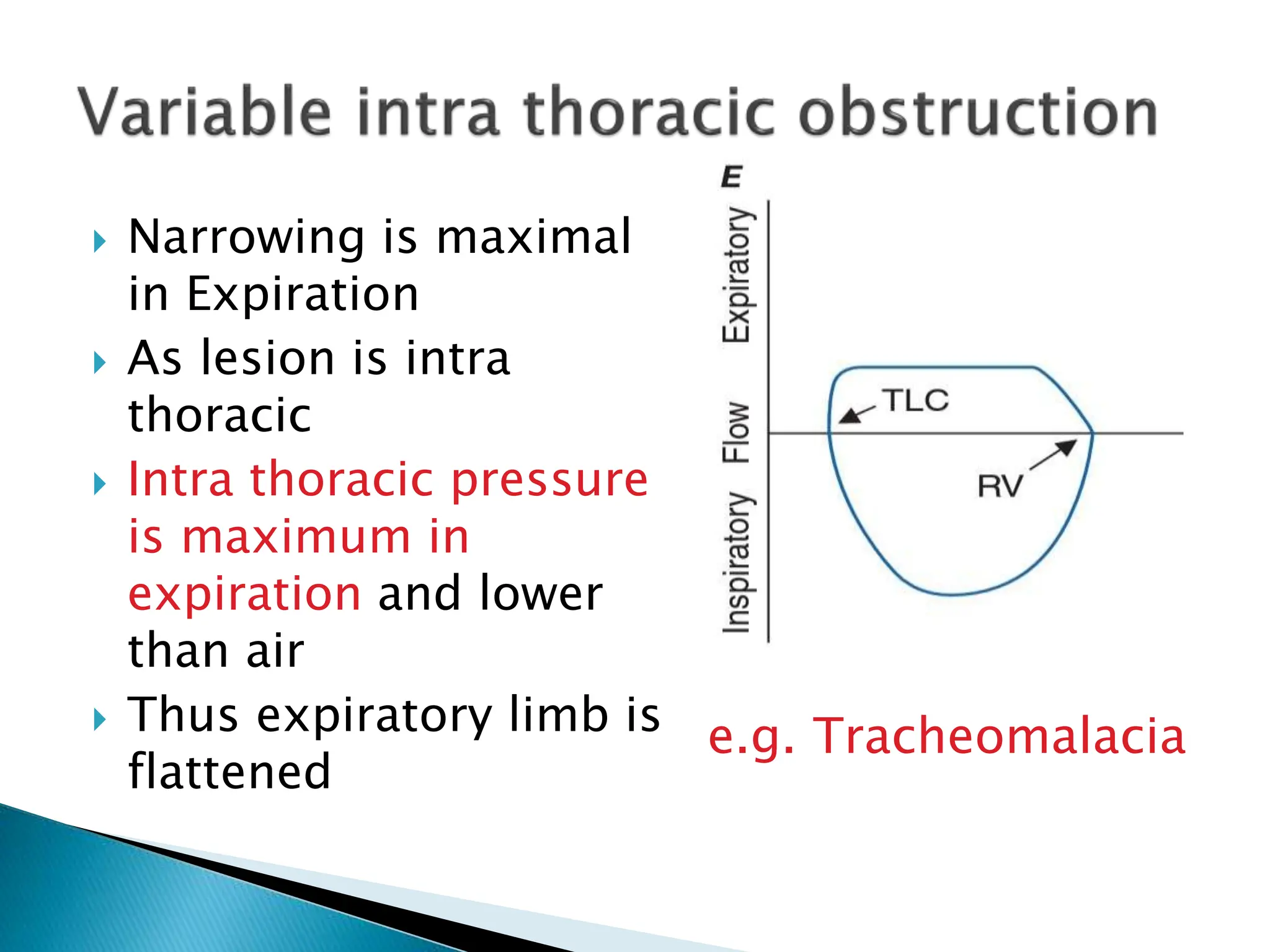  Narrowing is maximal
in Expiration
 As lesion is intra
thoracic
 Intra thoracic pressure
is maximum in
expiration and lower
than air
 Thus expiratory limb is
flattened
e.g. Tracheomalacia
 