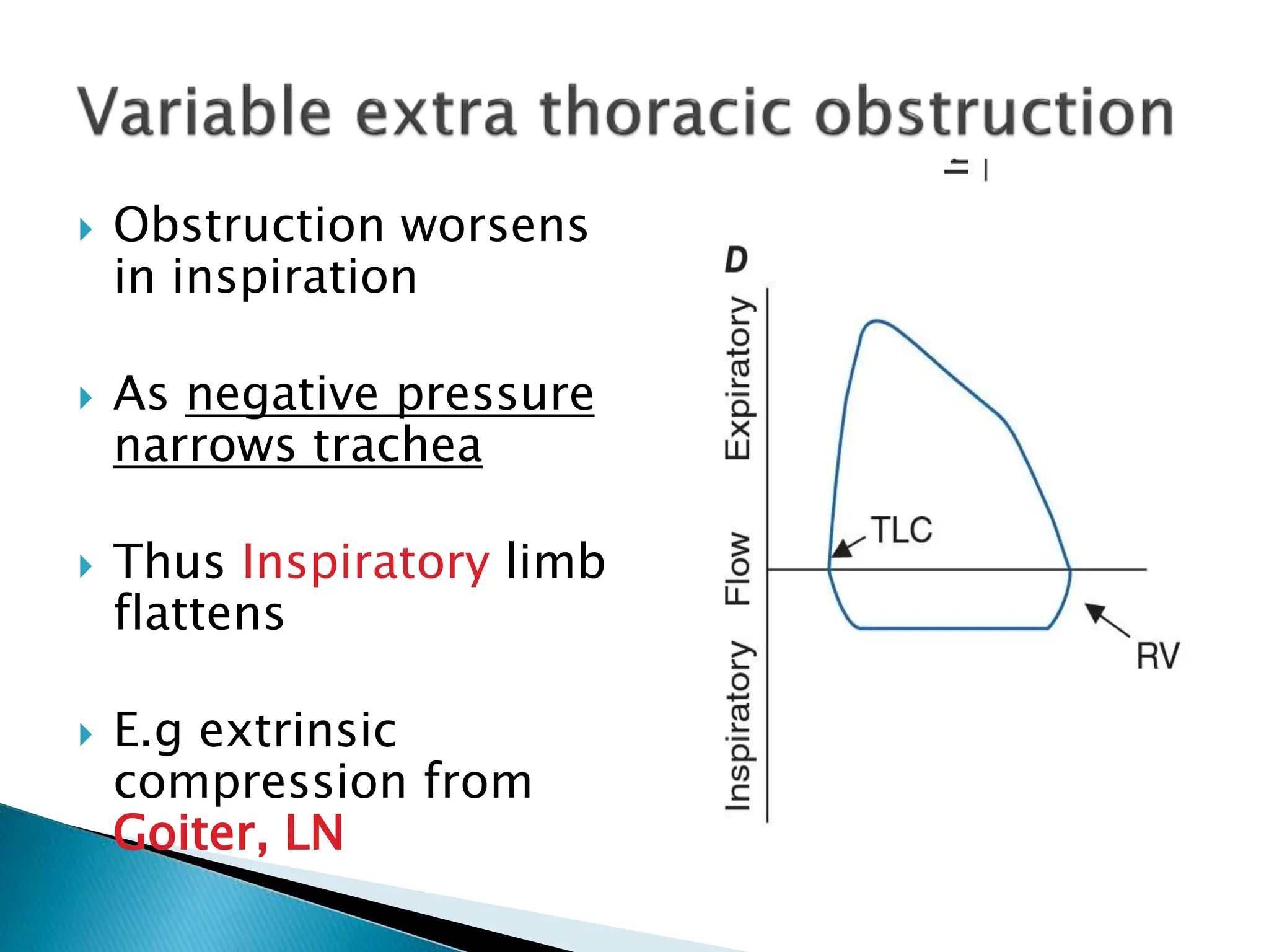  Obstruction worsens
in inspiration
 As negative pressure
narrows trachea
 Thus Inspiratory limb
flattens
 E.g extrinsic
compression from
Goiter, LN
 