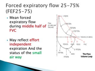  Mean forced
expiratory flow
during middle half of
FVC
 May reflect effort
independent
expiration And the
status of the small
air way
 