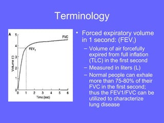 Terminology
• Forced expiratory volume
in 1 second: (FEV1)
– Volume of air forcefully
expired from full inflation
(TLC) in the first second
– Measured in liters (L)
– Normal people can exhale
more than 75-80% of their
FVC in the first second;
thus the FEV1/FVC can be
utilized to characterize
lung disease

 