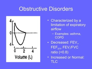 Obstructive Disorders
• Characterized by a
limitation of expiratory
airflow
– Examples: asthma,
COPD

• Decreased: FEV1,
FEF25-75, FEV1/FVC
ratio (<0.8)
• Increased or Normal:
TLC

 