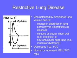 Restrictive Lung Disease
• Characterized by diminished lung
volume due to:
– change in alteration in lung
parenchyma (interstitial lung
disease)
– disease of pleura, chest wall
(e.g. scoliosis), or
neuromuscular apparatus (e.g.
muscular dystrophy)
• Decreased TLC, FVC
• Normal or increased: FEV1/FVC
ratio

 