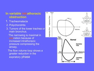 In variable intrathoracic
obstruction
1. Tracheomalacia
2. Polychondritis
3. Tumors of the lower trachea or
main bronchus.
The narrowing is maximal in
expiration because of
increased intrathoracic
pressure compressing the
airway.
The flow volume loop shows a
greater reduction in the
expiratory phase

 