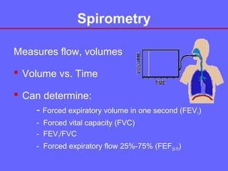 Spirometry
Measures flow, volumes
 Volume vs. Time
 Can determine:
- Forced expiratory volume in one second (FEV1)
- Forced vital capacity (FVC)
- FEV1/FVC
- Forced expiratory flow 25%-75% (FEF25-75)

 
