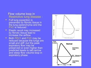Flow volume loop in
Restrictive lung disease :
 Full lung expantion is
prevented by fibrotic tissue in
the lung parenchyma and the
FVC is reduced .
 Elastic recoil may increased
by fibrotic tissue lead to
increase the airflow
 Both FEV1 and FVC may be
reduced because the lungs are
small and stiff ,but the peak
expiratory flow may be
preserved or even higher than
predicted leads to tall,narrow
and steep flow volume loop in
expiratory phase.

 