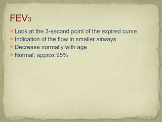 Look at the 3-second point of the expired curve
Indication of the flow in smaller airways
Decrease normally with age
Normal: approx 95%
 