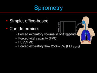 Spirometry
 Simple, office-based
 Can determine:
- Forced expiratory volume in one second (FEV1)
- Forced vital capacity (FVC)
- FEV1/FVC
- Forced expiratory flow 25%-75% (FEF25-75)
 