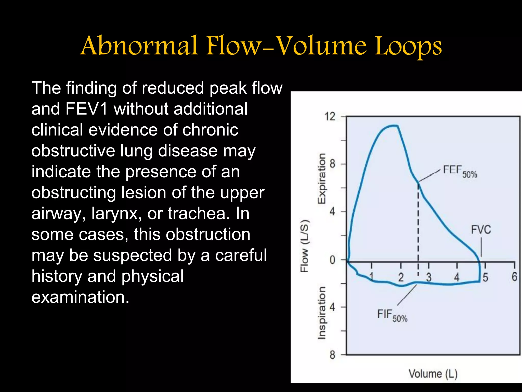 Abnormal Flow-Volume Loops
The finding of reduced peak flow
and FEV1 without additional
clinical evidence of chronic
obstructive lung disease may
indicate the presence of an
obstructing lesion of the upper
airway, larynx, or trachea. In
some cases, this obstruction
may be suspected by a careful
history and physical
examination.
 