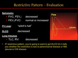 Restrictive Pattern – Evaluation
Spirometry
 FVC, FEV1: decreased
 FEV1/FVC: normal or increased
FV Loop: “witch’s hat”
DLCO decreased
Lung Volumes
 TLC, RV: decreased
• IF restrictive pattern, you’re going to want to get DLCO b/c it tells
you whether the restriction is due to parenchymal disease or NM,
pleural or CW disease
 