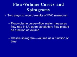 Flow-Volume Curves and Spirograms Two ways to record results of FVC maneuver: Flow-volume curve---flow meter measures flow rate in L/s upon exhalation; flow plotted as function of volume Classic spirogram---volume as a function of time 