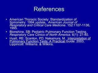 References American Thoracic Society: Standardization of Spirometry: 1994 update.  American Journal of Respiratory and Critical Care Medicine.  152:1107-1136, 1995. Blonshine, SB: Pediatric Pulmonary Function Testing.  Respiratory Care Clinics of North America . 6(1): 27-40. Hyatt, RE: Scanlon, PD, Nakamura, M.  Interpretation of Pulmonary Function Tests: A Practical  Guide. 2003,  Lippincott  Williams  & Wilkins. 