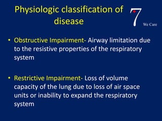 7We Care 
Physiologic classification of 
disease 
• Obstructive Impairment- Airway limitation due 
to the resistive properties of the respiratory 
system 
• Restrictive Impairment- Loss of volume 
capacity of the lung due to loss of air space 
units or inability to expand the respiratory 
system 
 
