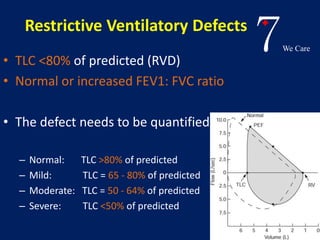 7We Care 
Restrictive Ventilatory Defects 
• TLC <80% of predicted (RVD) 
• Normal or increased FEV1: FVC ratio 
• The defect needs to be quantified 
– Normal: TLC >80% of predicted 
– Mild: TLC = 65 - 80% of predicted 
– Moderate: TLC = 50 - 64% of predicted 
– Severe: TLC <50% of predicted 
 