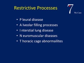 7We Care 
Restrictive Processes 
• P leural disease 
• A lveolar filling processes 
• I nterstial lung disease 
• N euromuscular diseases 
• T horacic cage abnormailites 
 