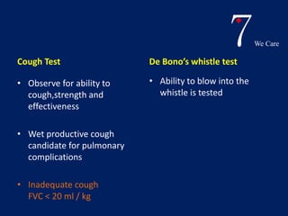 7We Care 
Cough Test 
• Observe for ability to 
cough,strength and 
effectiveness 
• Wet productive cough 
candidate for pulmonary 
complications 
• Inadequate cough 
FVC < 20 ml / kg 
De Bono’s whistle test 
• Ability to blow into the 
whistle is tested 
 