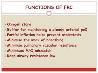 FUNCTIONS OF FRC
Oxygen store
Buffer for maintaining a steady arterial po2
Partial inflation helps prevent atelectasis
Minimise the work of breathing
Minimise pulmonary vascular resistance
Minimised V/Q mismatch
Keep airway resistance low
 