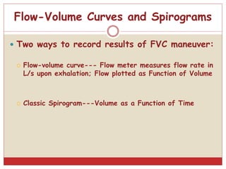 Flow-Volume Curves and Spirograms
 Two ways to record results of FVC maneuver:
 Flow-volume curve--- Flow meter measures flow rate in
L/s upon exhalation; Flow plotted as Function of Volume
 Classic Spirogram---Volume as a Function of Time
 