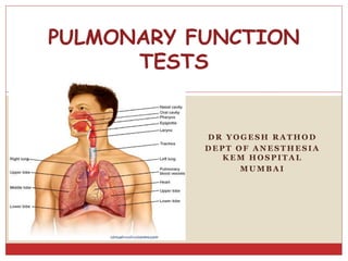 D R Y O G E S H R A T H O D
D E P T O F A N E S T H E S I A
K E M H O S P I T A L
M U M B A I
PULMONARY FUNCTION
TESTS
 