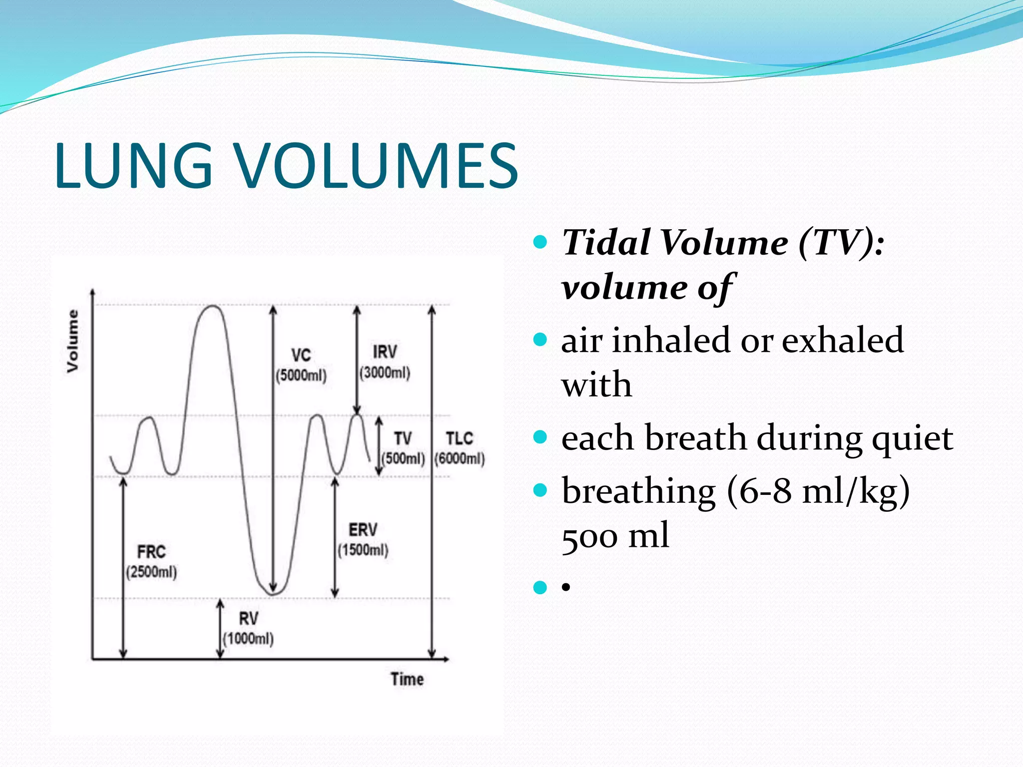 LUNG VOLUMES
 Tidal Volume (TV):
volume of
 air inhaled or exhaled
with
 each breath during quiet
 breathing (6‐8 ml/kg)
500 ml
 •
 