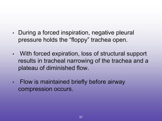 • During a forced inspiration, negative pleural
pressure holds the “floppy” trachea open.
• With forced expiration, loss of structural support
results in tracheal narrowing of the trachea and a
plateau of diminished flow.
• Flow is maintained briefly before airway
compression occurs.
57
 