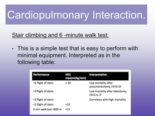 Cardiopulmonary Interaction.
Stair climbing and 6 ‐minute walk test:
• This is a simple test that is easy to perform with
minimal equipment. Interpreted as in the
following table:
63
 