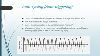 Auto-cycling (Auto-triggering)
 Occurs if the ventilator interprets an aberrant flow signal as patient effort
 leak that exceeds the trigger threshold,
 exces- sive condensation in the ventilator circuit (“rainout”)
 When auto-cycling occurs, there may be rapid delivery of mechanical breaths,
inducing hypocapnia as well as the risk of lung injury
 