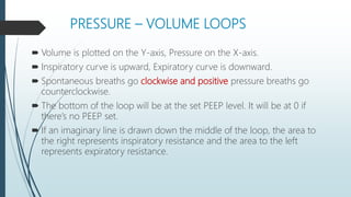 PRESSURE – VOLUME LOOPS
 Volume is plotted on the Y-axis, Pressure on the X-axis.
 Inspiratory curve is upward, Expiratory curve is downward.
 Spontaneous breaths go clockwise and positive pressure breaths go
counterclockwise.
 The bottom of the loop will be at the set PEEP level. It will be at 0 if
there’s no PEEP set.
 If an imaginary line is drawn down the middle of the loop, the area to
the right represents inspiratory resistance and the area to the left
represents expiratory resistance.
 