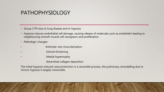 PATHOPHYSIOLOGY
• Group 3 PH due to lung disease and or hypoxia
• Hypoxia induces endothelial cell damage, causing release of molecules such as endothelin leading to
neighbouring smooth muscle cell vasospasm and proliferation.
• Pathologic changes:
• Arteriolar neo-muscularization
• Intimal-thickening
• Medial hypertrophy
Adventitial collagen deposition
The initial hypoxia-induced vasoconstriction is a reversible process, the pulmonary remodelling due to
chronic hypoxia is largely irreversible.
 