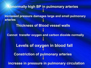Abnormally high BP in pulmonary arteries

Increased pressure damages large and small pulmonary
arteries
       Thickness of Blood vessel walls

 Cannot transfer oxygen and carbon dioxide normally


       Levels of oxygen in blood fall

     Constriction of pulmonary arteries

  increase in pressure in pulmonary circulation
 