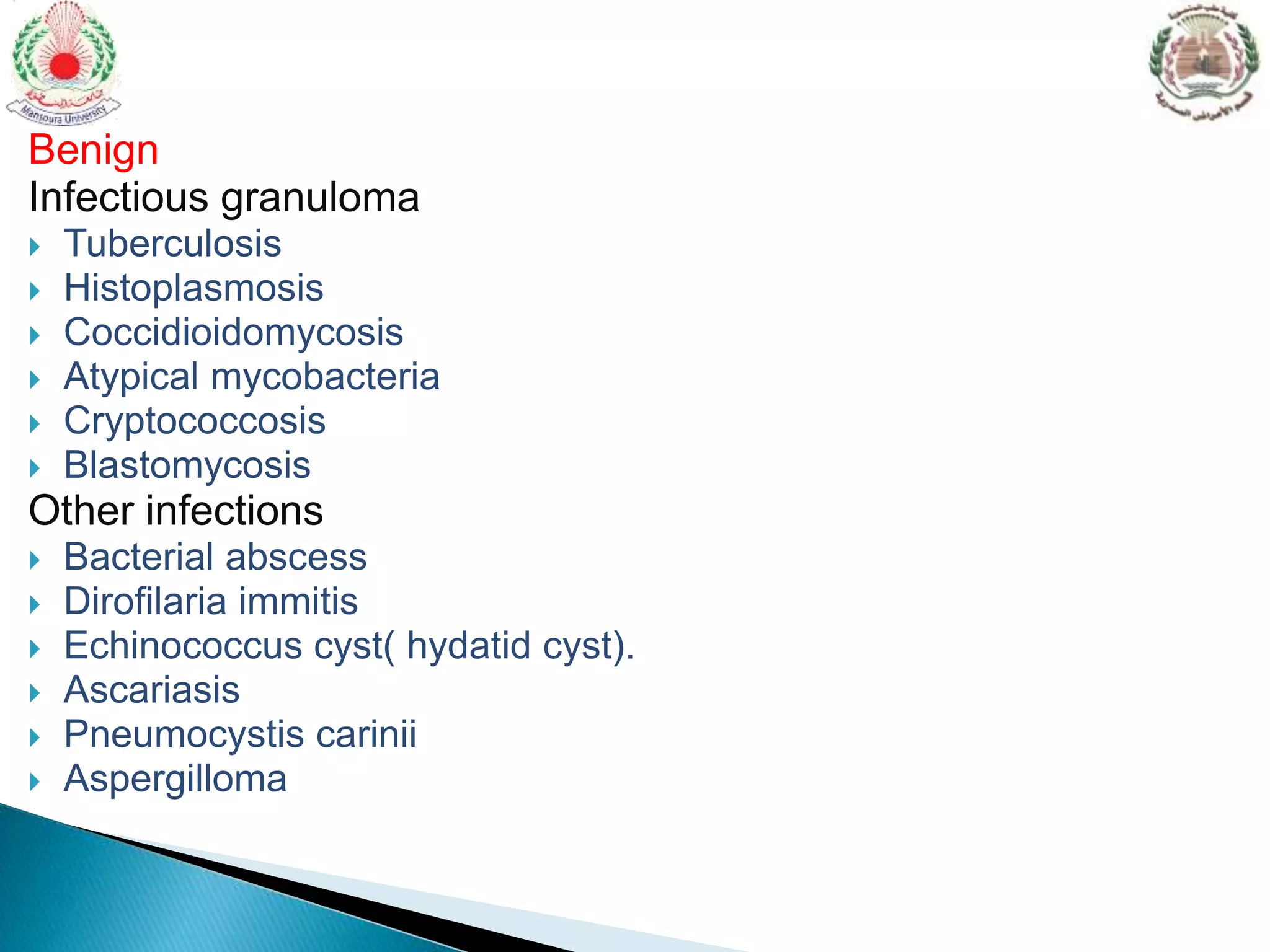 Benign
Infectious granuloma
 Tuberculosis
 Histoplasmosis
 Coccidioidomycosis
 Atypical mycobacteria
 Cryptococcosis
 Blastomycosis
Other infections
 Bacterial abscess
 Dirofilaria immitis
 Echinococcus cyst( hydatid cyst).
 Ascariasis
 Pneumocystis carinii
 Aspergilloma
 