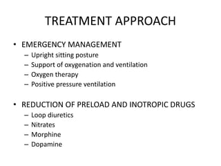 TREATMENT APPROACH
• EMERGENCY MANAGEMENT
– Upright sitting posture
– Support of oxygenation and ventilation
– Oxygen therapy
– Positive pressure ventilation
• REDUCTION OF PRELOAD AND INOTROPIC DRUGS
– Loop diuretics
– Nitrates
– Morphine
– Dopamine
 