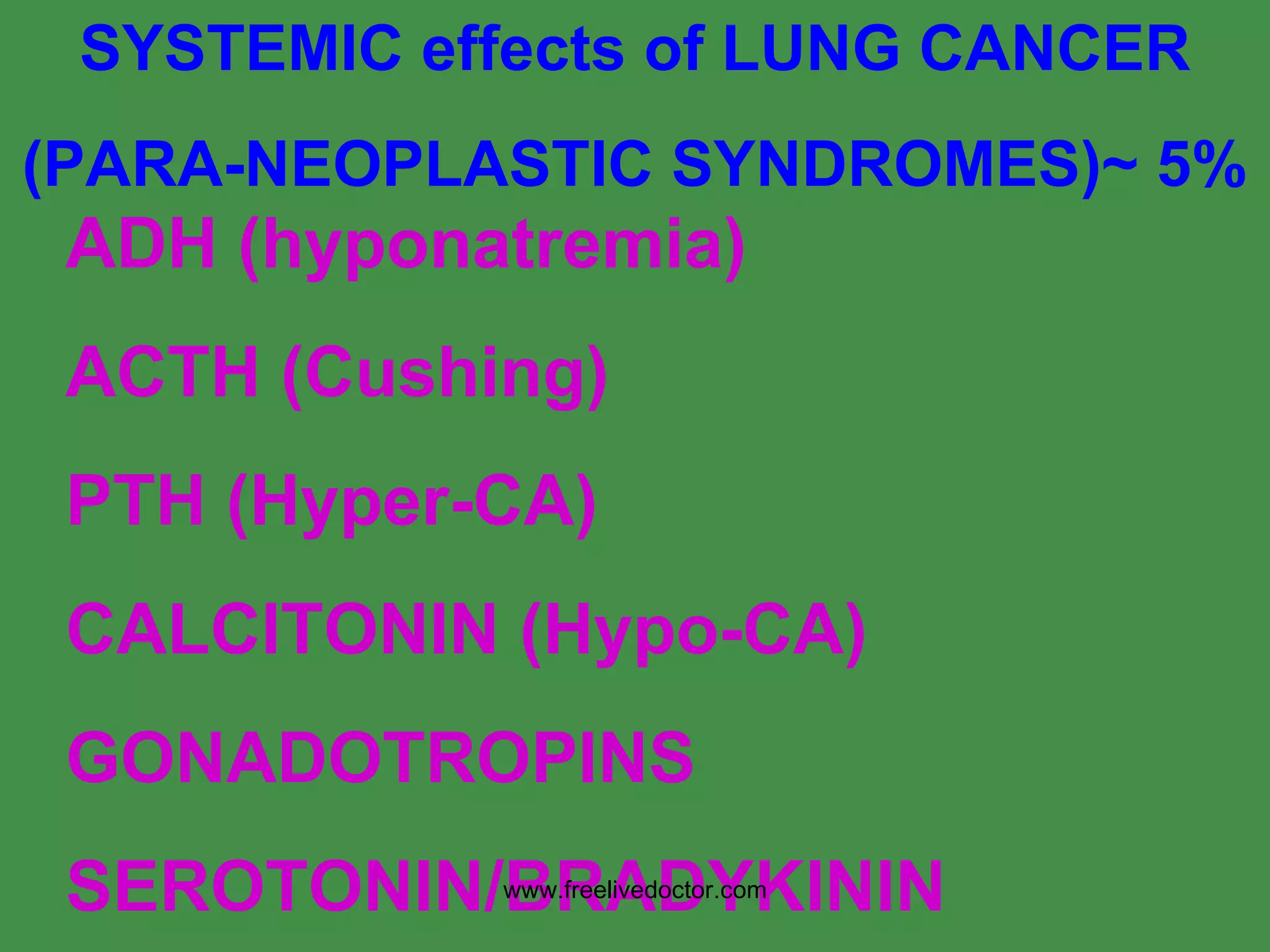 SYSTEMIC effects of LUNG CANCER (PARA-NEOPLASTIC SYNDROMES)~ 5% ADH (hyponatremia) ACTH (Cushing) PTH (Hyper-CA) CALCITONIN (Hypo-CA) GONADOTROPINS SEROTONIN/BRADYKININ www.freelivedoctor.com 