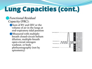 Lung Capacities (cont.)
⚫Functional Residual
Capacity (FRC):
⚫Sum of RV and ERV or the
volume of air in the lungs at
end-expiratory tidal position
⚫Measured with multiple-
breath closed-circuit helium
dilution, multiple-breath
open-circuit nitrogen
washout, or body
plethysmography (not by
spirometry)
 