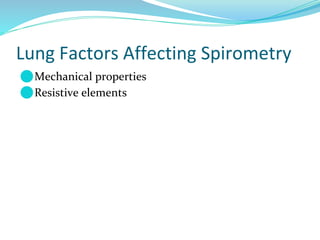 Lung Factors Affecting Spirometry
⚫Mechanical properties
⚫Resistive elements
 