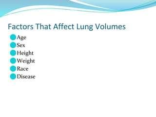 Factors That Affect Lung Volumes
⚫Age
⚫Sex
⚫Height
⚫Weight
⚫Race
⚫Disease
 