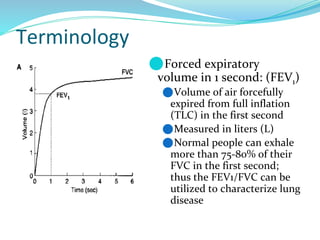 Terminology
⚫Forced expiratory
volume in 1 second: (FEV1)
⚫Volume of air forcefully
expired from full inflation
(TLC) in the first second
⚫Measured in liters (L)
⚫Normal people can exhale
more than 75-80% of their
FVC in the first second;
thus the FEV1/FVC can be
utilized to characterize lung
disease
 