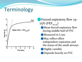 Terminology
⚫Forced expiratory flow 25-
75% (FEF25-75)
⚫Mean forced expiratory flow
during middle half of FVC
⚫Measured in L/sec
⚫May reflect effort
independent expiration and
the status of the small airways
⚫Highly variable
⚫Depends heavily on FVC
 