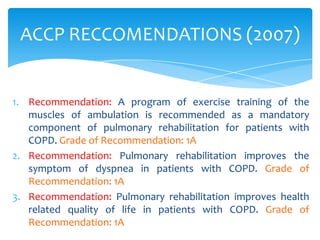 ACCP RECCOMENDATIONS (2007)


1. Recommendation: A program of exercise training of the
   muscles of ambulation is recommended as a mandatory
   component of pulmonary rehabilitation for patients with
   COPD. Grade of Recommendation: 1A
2. Recommendation: Pulmonary rehabilitation improves the
   symptom of dyspnea in patients with COPD. Grade of
   Recommendation: 1A
3. Recommendation: Pulmonary rehabilitation improves health
   related quality of life in patients with COPD. Grade of
   Recommendation: 1A
 