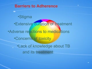 Barriers to Adherence Stigma Extensive duration of treatment Adverse reactions to medications Concerns of toxicity Lack of knowledge about TB  and its treatment 