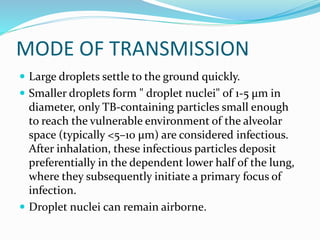 MODE OF TRANSMISSION
 Large droplets settle to the ground quickly.
 Smaller droplets form " droplet nuclei" of 1-5 μm in
diameter, only TB-containing particles small enough
to reach the vulnerable environment of the alveolar
space (typically <5–10 μm) are considered infectious.
After inhalation, these infectious particles deposit
preferentially in the dependent lower half of the lung,
where they subsequently initiate a primary focus of
infection.
 Droplet nuclei can remain airborne.
 