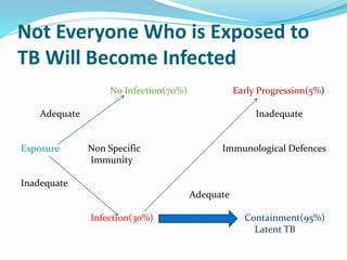 Not Everyone Who is Exposed to
TB Will Become Infected
No Infection(70%) Early Progression(5%)
Adequate Inadequate
Exposure Non Specific Immunological Defences
Immunity
Inadequate
Adequate
Infection(30%) Containment(95%)
Latent TB
 