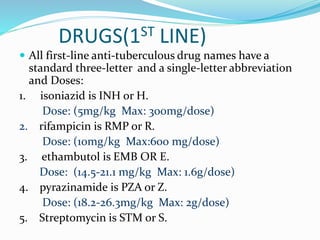 DRUGS(1ST LINE)
 All first-line anti-tuberculous drug names have a
standard three-letter and a single-letter abbreviation
and Doses:
1. isoniazid is INH or H.
Dose: (5mg/kg Max: 300mg/dose)
2. rifampicin is RMP or R.
Dose: (10mg/kg Max:600 mg/dose)
3. ethambutol is EMB OR E.
Dose: (14.5-21.1 mg/kg Max: 1.6g/dose)
4. pyrazinamide is PZA or Z.
Dose: (18.2-26.3mg/kg Max: 2g/dose)
5. Streptomycin is STM or S.
 