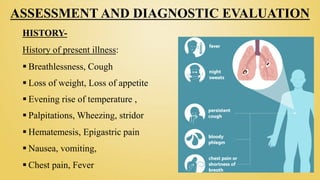 ASSESSMENT AND DIAGNOSTIC EVALUATION
HISTORY-
History of present illness:
 Breathlessness, Cough
 Loss of weight, Loss of appetite
 Evening rise of temperature ,
 Palpitations, Wheezing, stridor
 Hematemesis, Epigastric pain
 Nausea, vomiting,
 Chest pain, Fever
 